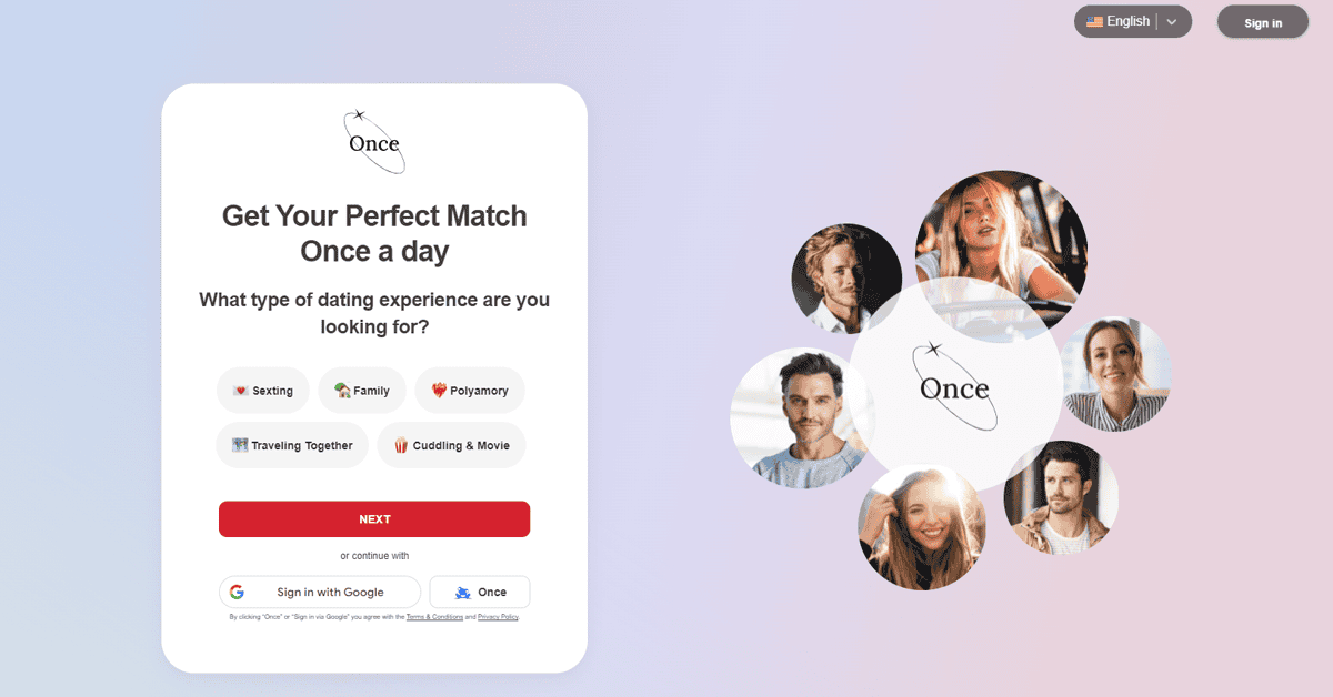 Once Dating App Homepage Screenshot