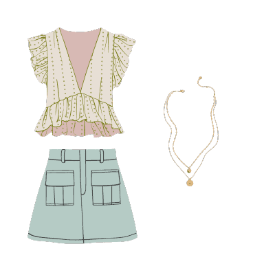 low-cut blouse, jean skirt and gold necklace