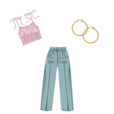 pink tank top, blue jeans and gold hoop earrings