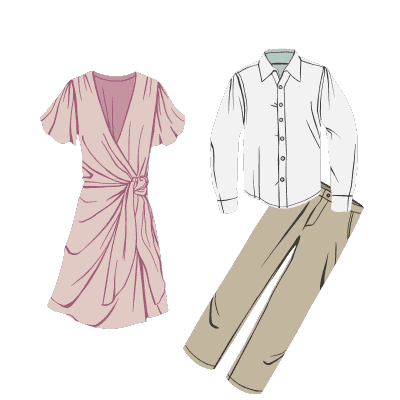 pink wrap dress, white button down, khaki slacks