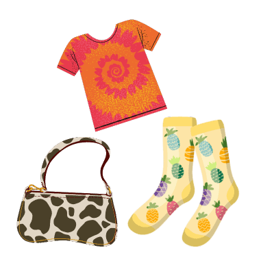 tie-dye shirt, cow print purse, pineapple socks