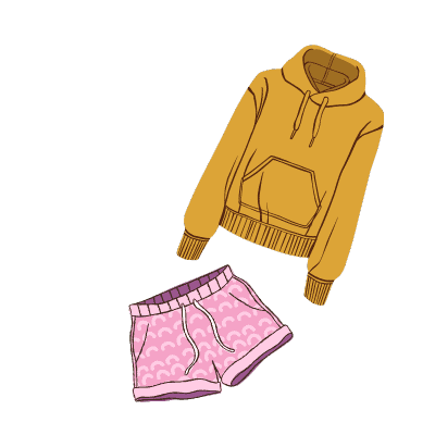 yellow sweatshirt and pink athletic shorts