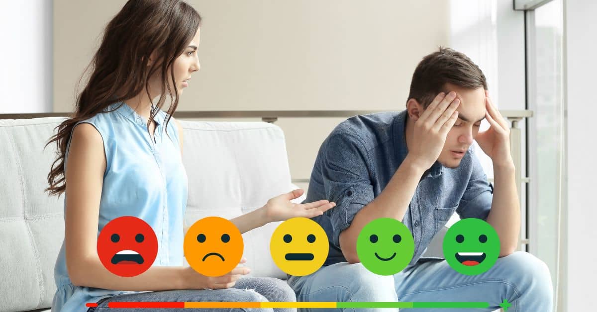 couple arguing with emotion metere graphic below them