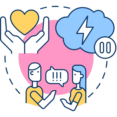 couple talking and heart in hands icon
