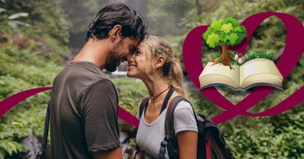 man and woman in forest smiling at each other with book and heart icon next to them