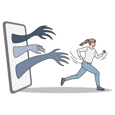 Woman Running Away from Hands from Smartphone Graphic - Harassment and Stalking Icon