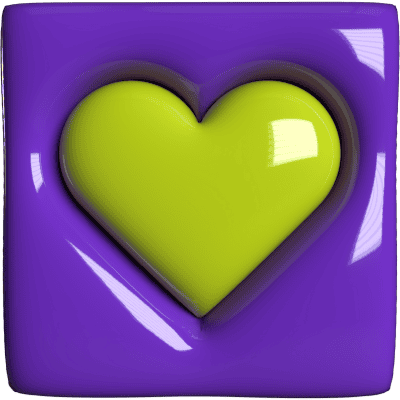 green heart in purple box