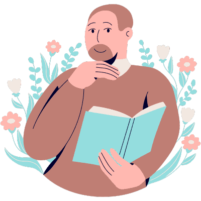 man with book with flowers around him