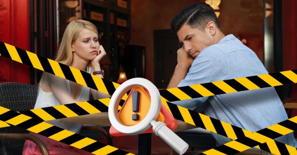 man and woman on bad date with caution tape and warning sign