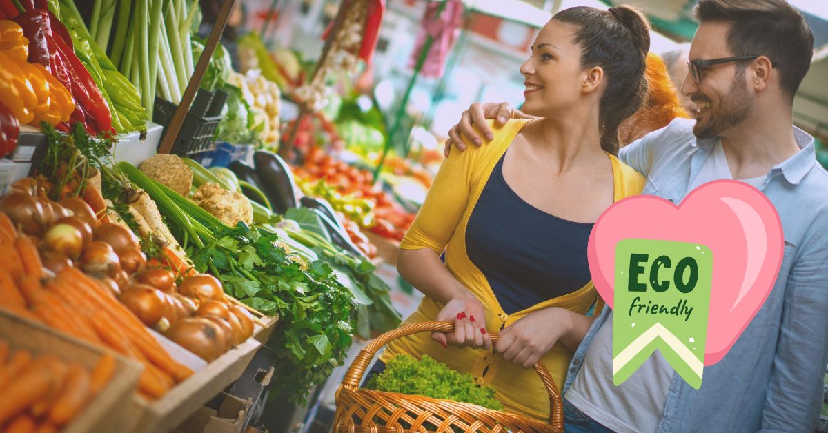 couple on date at farmers market with eco friendly heart icon