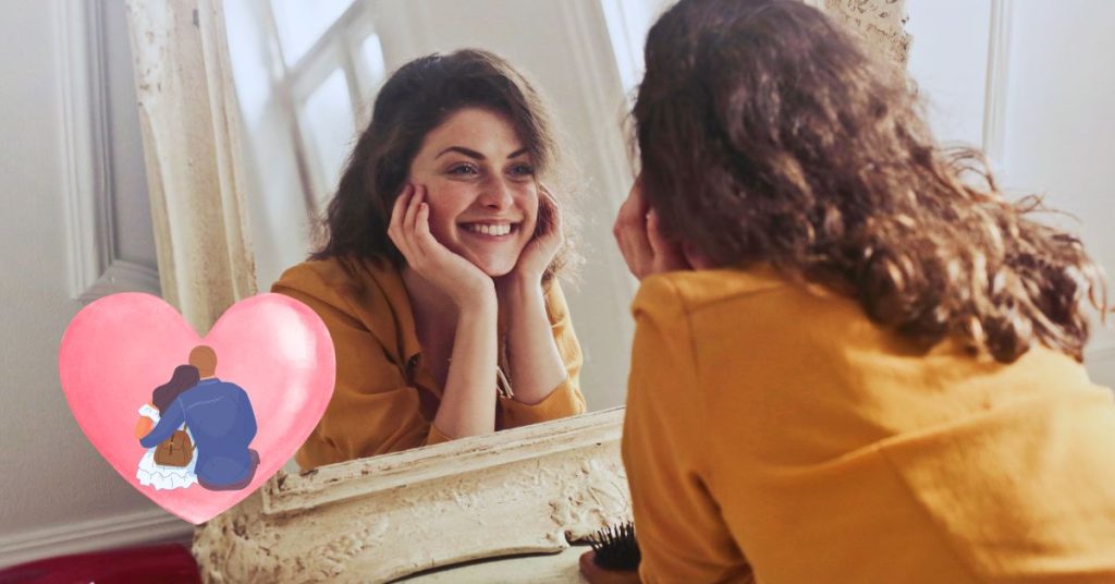 woman looking in mirror smiling with couple inside heart icon next to her