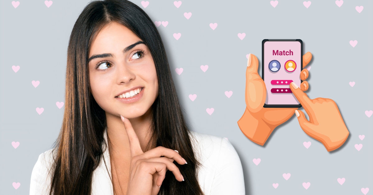 woman thinking with dating app icon next to her and hearts in the background