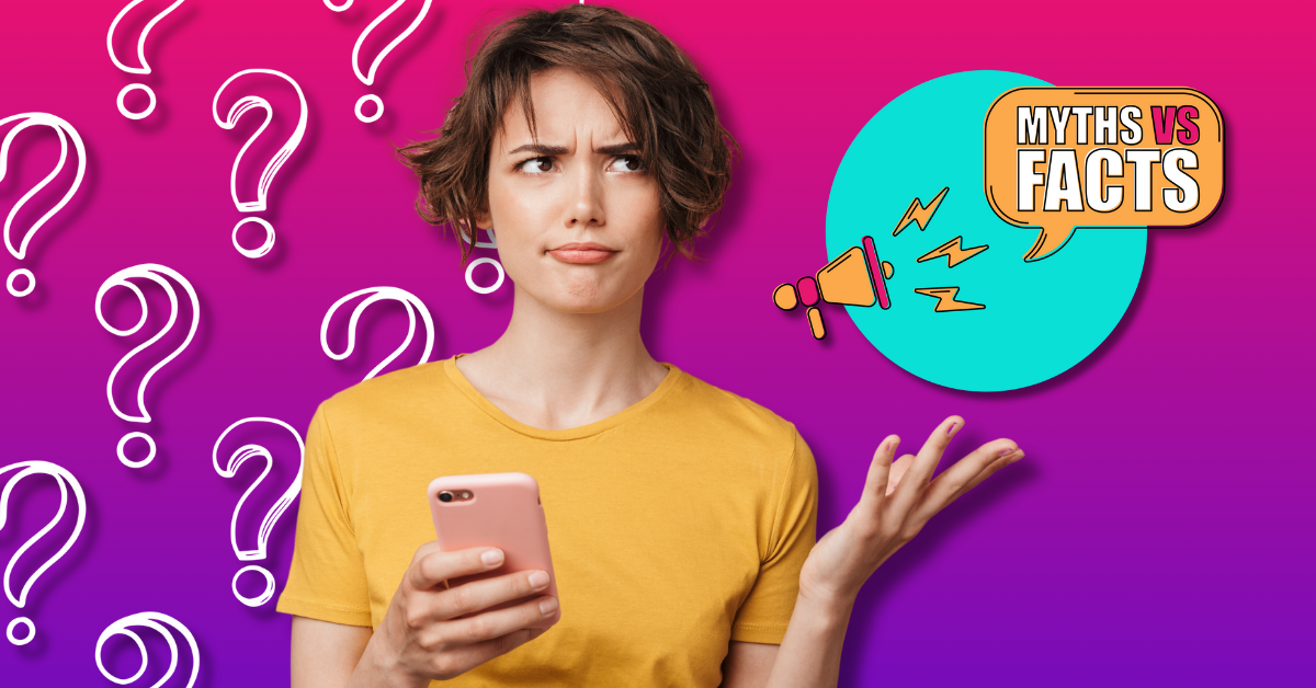 woman looking confused holding phone with a myths vs facts icon next to her